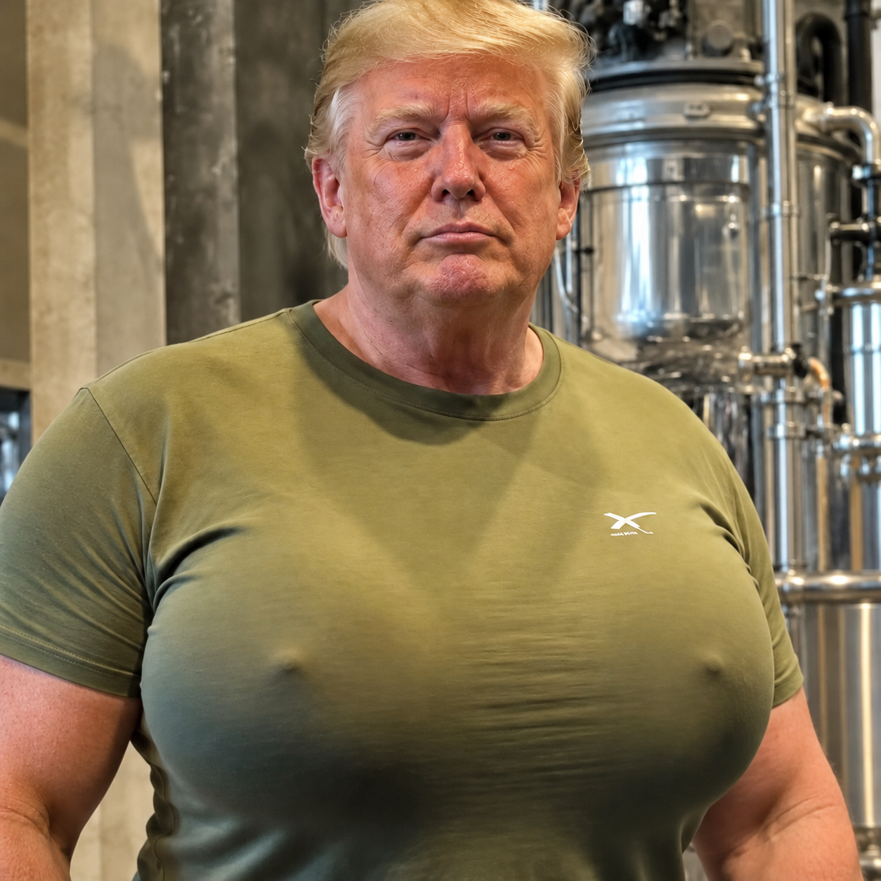 Satirical Trump Tits character wearing a tight olive green T-shirt